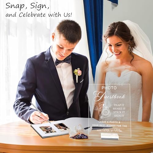 Acrylic Photo Guest Book Sign for Wedding, 8x10 Clear Please Sign Our Guestbook Sign with Acrylic Holder Stand, Elegant Wedding Reception Table Decor for Guest Book Table, Photo Album & Signing Station