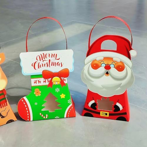 CcXxMming 30 PCS Christmas Party Favor Bags for Kids,Christmas Gift Bags with Handles, Paper Candy Boxes with Window,Xmas Goodie Boxes with Stickers for Children Winter Birthday（Medium）