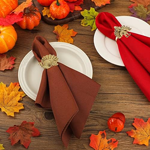 EBOOT 16 Pcs Fall Thanksgiving Napkin Ring Set 8 Napkin Rings and 8 Washable Thanksgiving Dinner Napkins for Fall Party Holiday Kitchen Table Decoration for Autumn Party Supplies(Turkey,Metal)