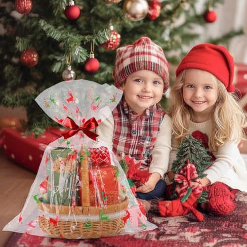 CUDICY Christmas Cellophane Gift Bags 10pcs Large Holiday Gift Wrap 24x30 Inch Clear Gift Basket Wrapping Plastic (Reindeer)