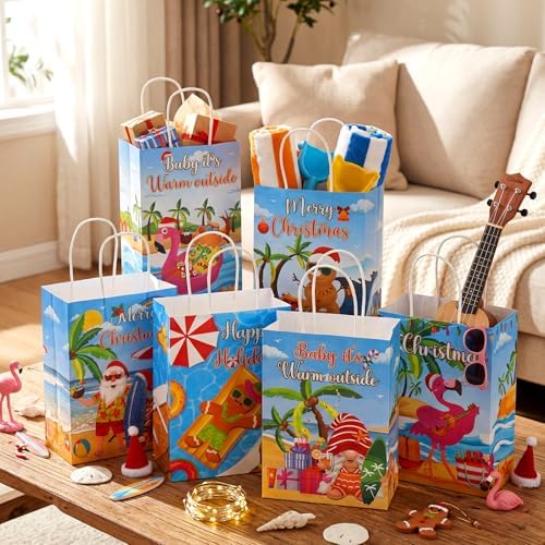 Kolldenn 48 Pcs Summer Christmas Goodie Bag with Handle Xmas Gift Paper Bag