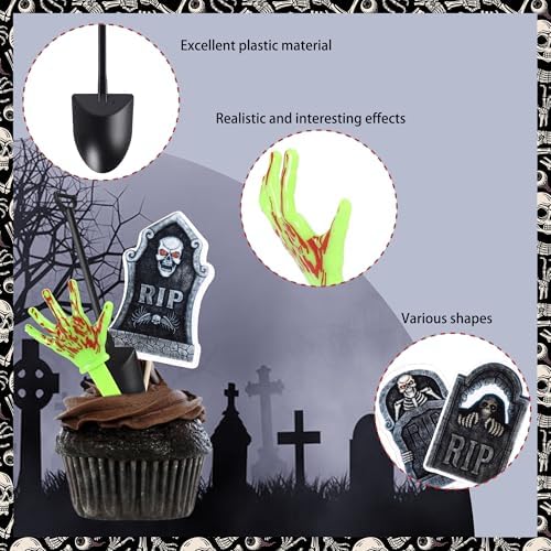 Rsstarxi 60 Pack Halloween Skeleton Zombie Hand Cupcake Toppers Shovel Spoons Spooky Graveyard Cupcake Picks Halloween Cake Decorations for Horror Theme Birthday Party Decorations