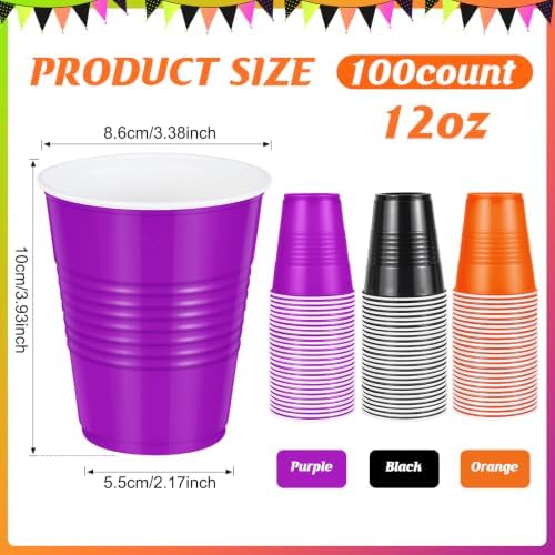 100 Pcs Bulk Halloween Plastic Cups 12 oz, Black Orange Purple Party Cups
