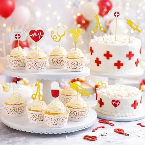 Nurse Cupcake Toppers, 24 PCS Glitter Nurses Week Cupcake Picks, Nursing School Graduation Food Picks Cupcake Toppers Cake Decorations for National Nurse Day Nursing Graduation Congrats Party Supplies