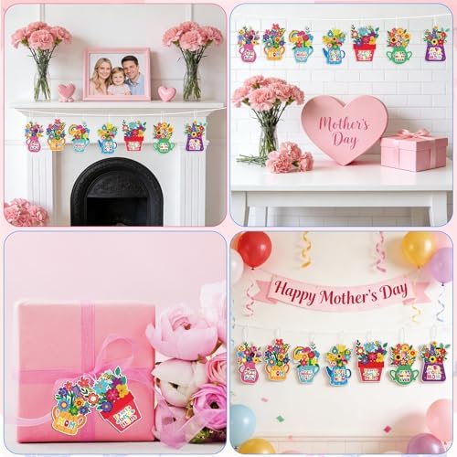 JUNEBRUSHS Mother's Day Card Craft Kit, 32 Floral DIY Craft with Stickers Mother's Day Hanging Ornament for Classrooms Office Festival Decor Gifts for Mom Ladies Grandma
