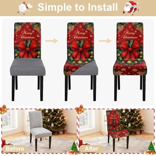 Christmas Chair Covers Set of 4, Red Bow and Wreath Dining Chair Slipcovers with Pinecones and Snowflakes, Stretchable Holiday Chair Protectors
