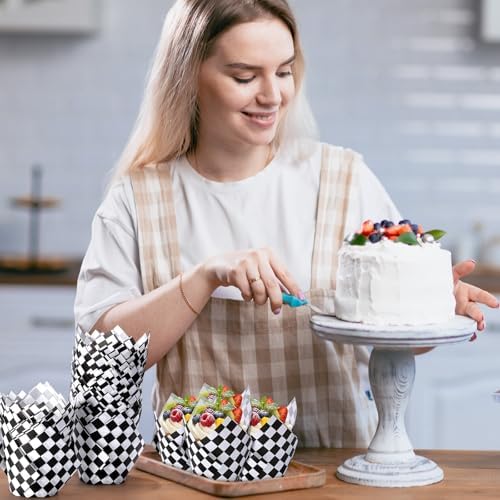 Maxdot 200 Pcs Checkered Tulip Cupcake Liners for Baking White Black Plaid Paper Muffin Baking Cups Checkered Tulip Muffin Liners Wrappers for Race Car Birthday Party Supplies
