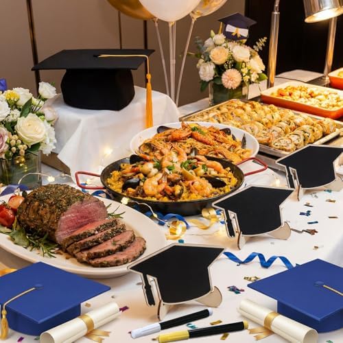 Eaasty 24 Pcs Mini Chalkboard Signs Party Food Labels for Party Buffet with Stand 2 Pen Small Erasable Reusable Wooden Blackboard for Table Setting Name Decorations(Grad Cap)