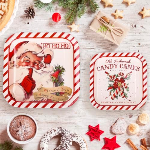 Whaline 40Pcs Christmas Vintage Tableware Set Santa Candy Cane Stripe Paper Plates 7 & 9 Inch Retro Xmas Square Disposable Plates for Holiday Party Table Supplies