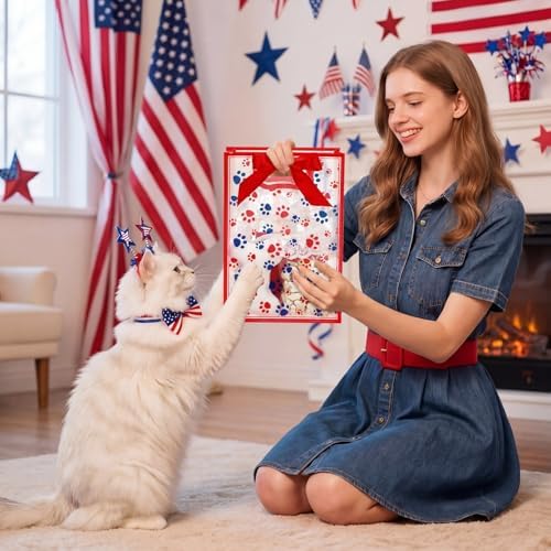 Capoda 24 Pack Patriotic Paw Patterns Gift Bags with Handles, Red & Blue Reusable Plastic Party Favor Bags, Large 4th of July Goody Bag for Kids, Pet Lovers, Independence Day BBQ, Parade for Fireworks