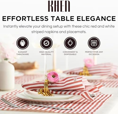 Khen 50-Count Luxury Disposable Napkins, European Stripes Design 2-Ply Tableware, Linen-Feel Paper Guest Towels, Elegant Soft & Absorbent Hand Towel, Party Napkin or Placemats 15.75"x13" - Maroon Red