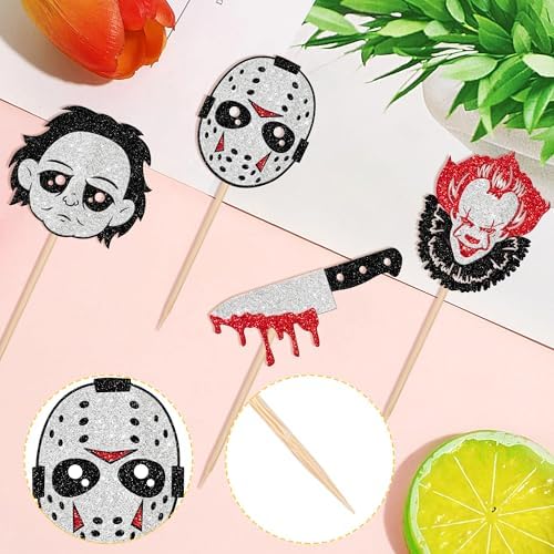 24 PCS Halloween Horror Movie Cupcake Toppers, Bloody Knife Picks, Have a Killer Birthday Cake Decorations for Classic Movie Characters Theme Party Supplies