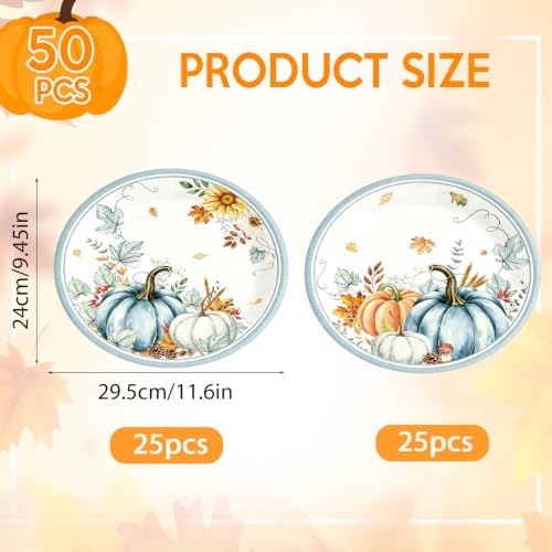 50Pcs Thanksgiving Oval Paper Plates 10" x 12" Fall Watercolor Pumpkins