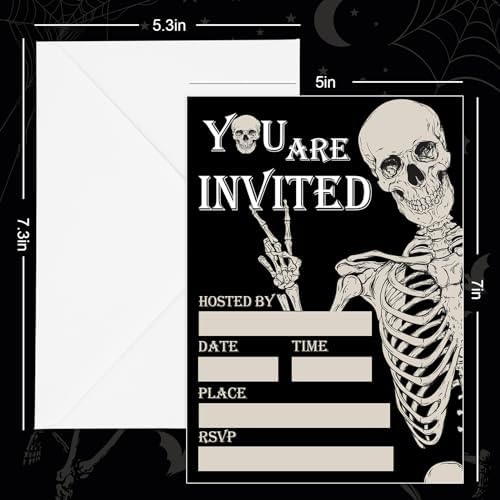 Whaline 25 Sets Halloween Invitations with Envelopes Stickers Black Dancing Skeleton Invitation Cards Blank Invites for Birthday Party Supplies, 5 x 7 Inch