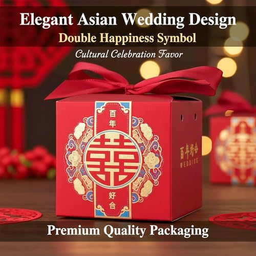 HannaFires 20PCS Chinese Wedding Candy Double Happiness Box - Party Favor Souvenir Decoration Box, Creative Square Favor Boxes for Parties, Traditional Style Gift for Guests, Thank-you Gift (Style 13 (20Pcs))