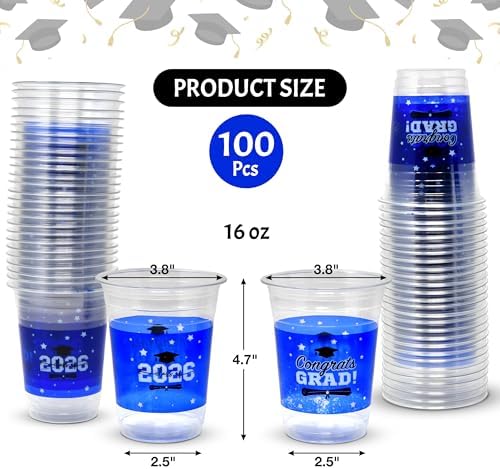 Gift Boutique Class of 2026 Graduation Plastic Cups 100 Pack Blue 16 oz Disposable Drink Cups for Grad Party Supplies Beverages Events Celebration Tableware Decorations