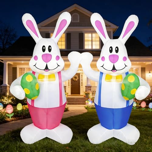 Set of 2PCS, 6.2FT H Lovely Spring Inflatable Bunnies Holding Easter Egg, Easter Bunny Blow up Yard Decorations Giant Bunny for Holiday Party Indoor Outdoor Decorations