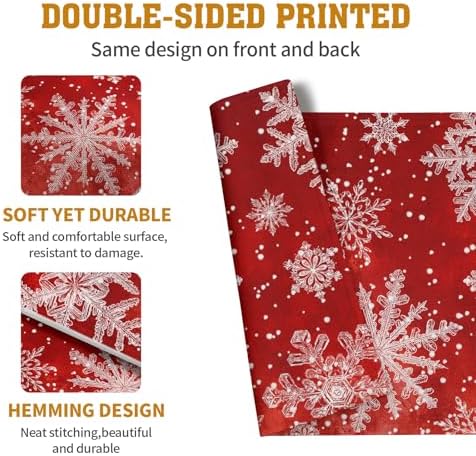 Red Snowflake Xmas Placemats Set of 4 Merry Christmas Snowflakes Linen Fabric Table Mats Seasonal Winter Holiday Washable Place Mats for Party Kitchen Dining Outdoor Indoor Decor