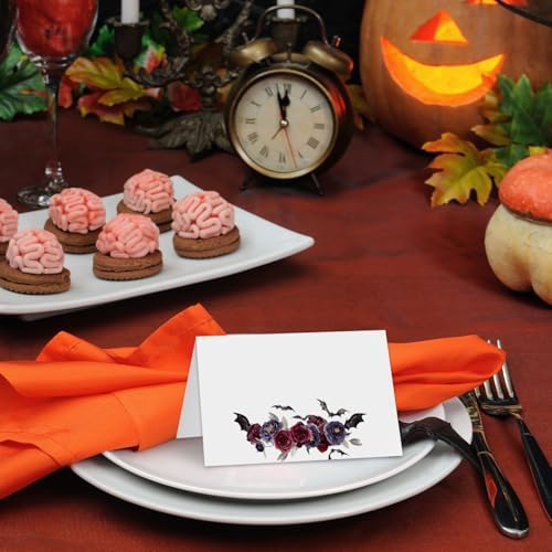 Halloween Place Cards, Black Flower Bat Buffet Food Name Tents 25 Pcs, Spooky Table Labels Seating Cards for Dessert Table Display Halloween Thanksgiving Dinner Party Decor-02