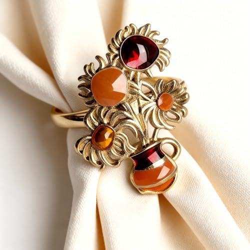 Alloy Enamel Floral Napkin Rings (8-Set Pack) - Plate-Matched Dinner Napkin Holder & Festive Tabletop Topper for Holiday Place Settings