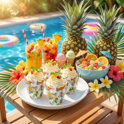Maxdot 200 Pcs Hawaiian Tulip Cupcake Liners for Baking Palm Leaf Hibiscus Paper Muffin Baking Cups Tropical Luau Tulip Muffin Liners Wrappers for Summer Hawaii Birthday Party