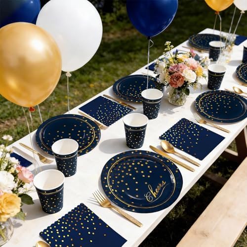 168Pcs Blue and Gold Paper Plates and Napkins Party Supplies for 24 Guest