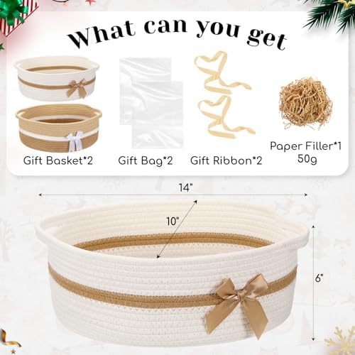 Colingmill 2 Pack Small Woven Gift Basket Empty with Wrap, Khaki and White