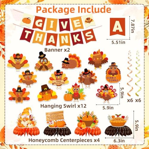 Thanksgiving Party Decorations, Thanksgiving Decorations Indoor Give Thanks Banner Hanging Swirls Centerpieces for Thanksgiving Party Supplies