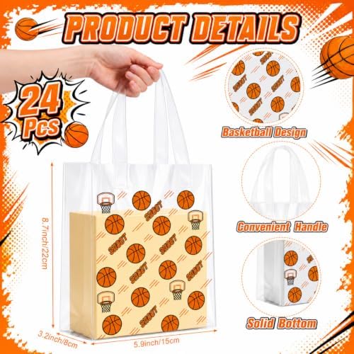Pajean 24 Pcs Basketball Party Favors Plastic Gift Bags with Handles, 5.9 x 8.7 x 3.1 Inch Basketball Birthday PE Treat Bags, Sport Goody Bag for Classroom Exchange, Sports Event Supplies Decoration