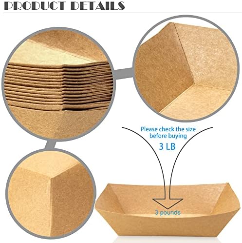 100 Pack 3lb Kraft Paper Food Trays, Heavy-Duty Paper Food Boat Disposable Serving Basket Tray for French Fries Nachos Snack Hot Dog Taco BBQ Popcorn Party Picnic Wedding Party (Brown)