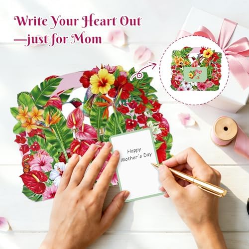 D4DREAM Pop Up Birthday Cards for Women, Tropical Hibiscus & Hummingbird