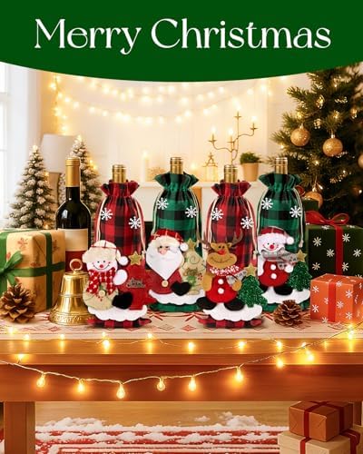 Swooflia Christmas Wine Gift Bags - 4 Pcs Classic Checkered Wine Bottle Bag with 3D Dolls Reusable Xmas Bottle Cloth Wrapping Sleeves with Drawstring Cute Holiday Party Decoration