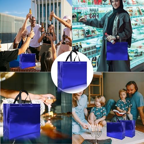 cabzymx 15 Pcs Glossy Blue Reusable Gift Bags with Handles, Party Gift Bags Bulk with Sturdy Bases, Ideal Goodie Bag for Birthday, Wedding, Christmas, Holiday-12.6 x 4.7 x 11 In