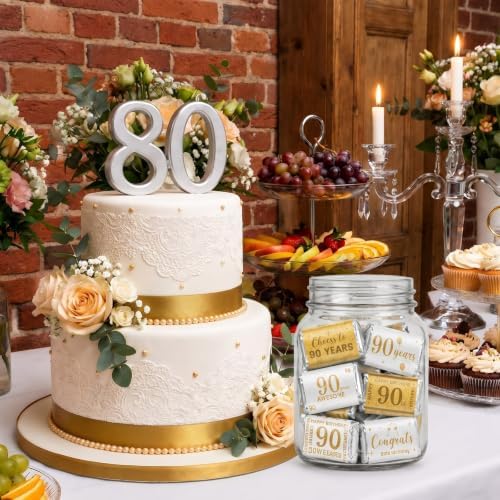Tenare 90 Pcs 90th Birthday Candy Wrappers, White and Gold Stickers