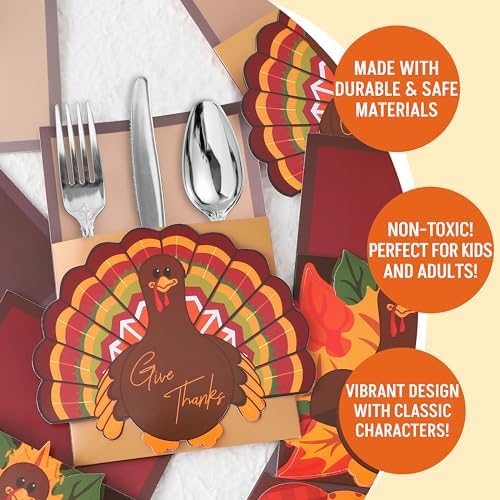 JOYIN 18PCS Thanksgiving Cutlery Holders Set, Thanksgiving Turkey Utensil Décor, Autumn Fall Harvest Party Supplies, ThankYou Cards, Table Decoration, Party Favors