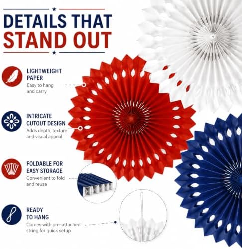 Red White Blue Hanging Honeycomb Round Paper Fans Decoration Patriotic Theme Tissue Paper Fan Garland for Shower Birthday Graduation Wedding Party Supplies 11 Count