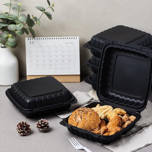 Jaluxing 9X9 3-Compartment 50-Pack Plastic Clamshell Takeout Food Trays Heavy Duty Togo Disposable Box For Pasta Salad Sandwich Carryout Hinged Containers With Secure Snap Lid (Formerly FULING)