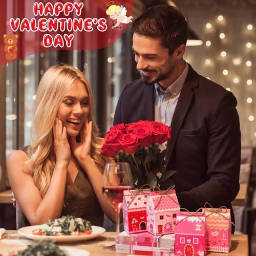 Zhanmai 48 Pcs Valentine's Day Treat Boxes Candy Mini Red Pink Heart House Favor Box Valentine's Day Party Paperboard Gift Boxes for Holiday Party Treat Cookie Goodie Snack Gift Packaging