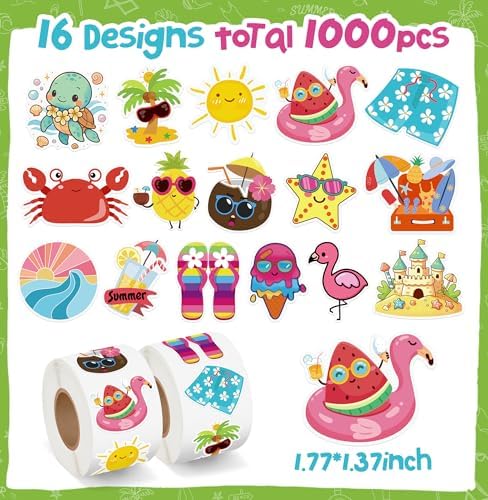 1000Pcs Summer Stickers for Kids, 2 Rolls Hawaiian Tropical Beach Self Adhesive Labels Luau Party Favors for Seasonal Holiday DIY Crafts Teacher Reward Gifts Scrapbooking Water Bottle Decor,16 Designs