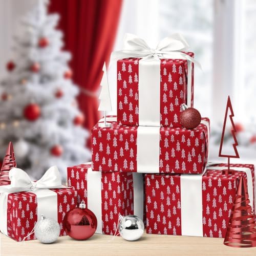 LaRibbons 3D Foam Kraft Christmas Wrapping Paper, Red Tree Textured Design