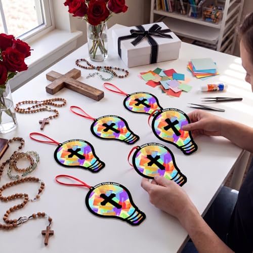 Renbuzhu 48PCS Sunday School VBS Crafts Bulk: Paper Lightbulb Cross Nativity Suncatchers, Jesus Religious Christian Activity DIY Kits Church Decorations, Window Stained Glass Effect Art Supplies