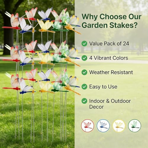 RAINFLOW 24 PCS Dragonfly Garden Stakes - Fake Dragonflies Outdoor Decor