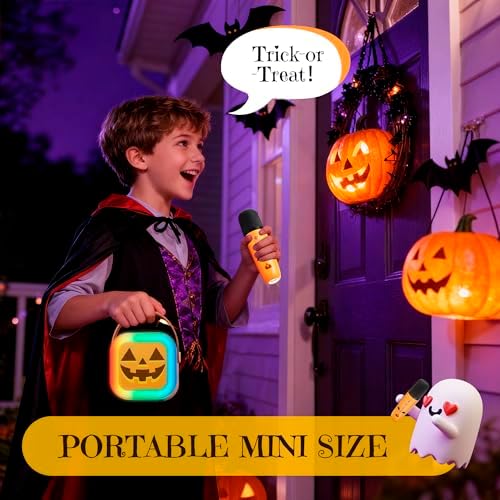 IROO Mini Karaoke Machine for Kids, Halloween Party Supplies & 2025 TOP Toy Gifts Ideas for Girls Boys Ages 4-12, Portable MP3 Player with 2 Wireless Mics for Birthday Christmas Singing Games（Pumpkin）