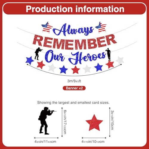 Memorial Day Banner and Memorial Day Decorations Set for A Proud Patriotic Look, Always Remember Our Heroes Banner with 1 Garland and 8 Hanging Swirls