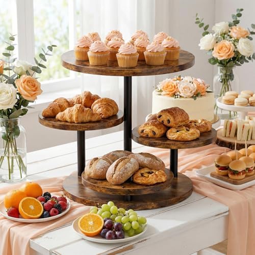 Cupcake Stand 4 Tier for 50 Cupcakes Wooden Cake Stand 360°Rotatable Dessert Stands Round Cookie Tiered Tray Stand for Party Birthday Wedding Baby shower Afternoon Tea Dessert Table, Brown