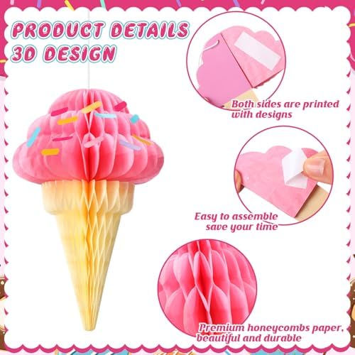 Gueevin 12 Pcs Ice Cream Party Decorations Summer Ice Cream Hanging Honeycomb Balls Decor Tissue Paper Hanging Ceiling Decor for Sweet Party Home Birthday Baby Shower Favor