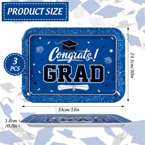 JarThenaAMCS 3Pcs Graduation Serving Trays Reusable Melamine Platter Blue Congrats 2026 Grad Diploma Bachelor's Hat Serving Dishes for Graduate Party Sharing Snacks Fruits Dessert