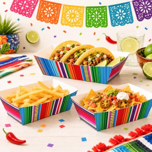 100 Pcs Mexican Fiesta Paper Food Trays, Pre-Folded Disposable Food Boats for Tacos, Nachos, Burritos, Fries, Snacks, Taco Tuesday, Fiesta Party Supplies