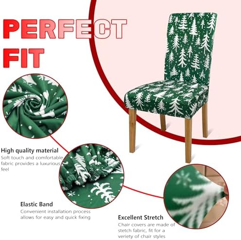 Christmas Chair Covers for Dining Room Set of 6 Green Christmas Tree Dining Chair Protectors 6 Pcs Stretch Removable Washable Chair Slipcovers 6 Pack for Winter Xmas Holiday Home and Party Decor