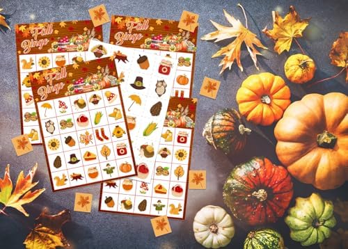 Fall Bingo Game Cards - 24 Players Fall Festival Party Games Autumn Bingo Cards Thanksgiving Party Supplies for School Classroom Family Activities